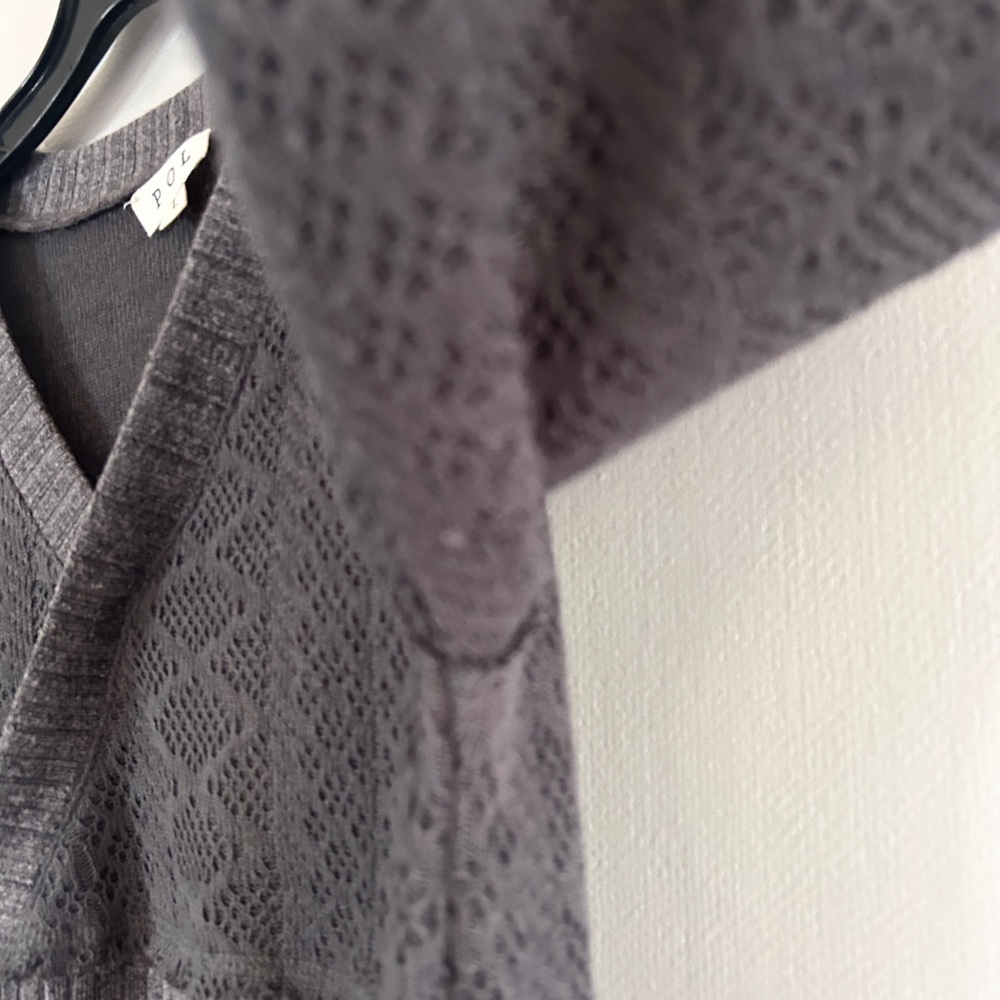 POL Babydoll Mixed Media Pointelle Knit Gray V-Neck Sweater Indie Boho Y2K Sz L - Picture 8 of 12